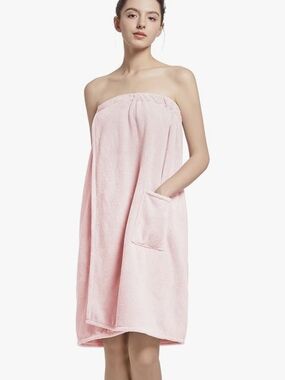 Wubbept Women's Strapless Pink Terry Cloth Spa Wrap with Pocket -NWT